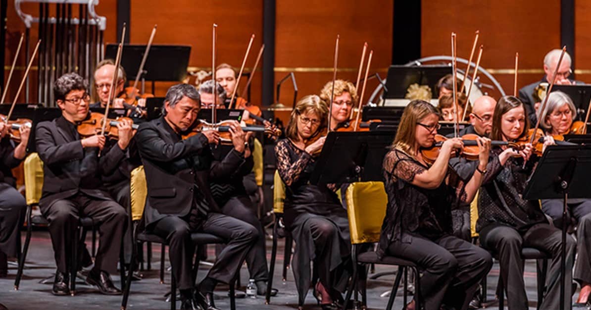 The string section of a symphony orchestra in performance