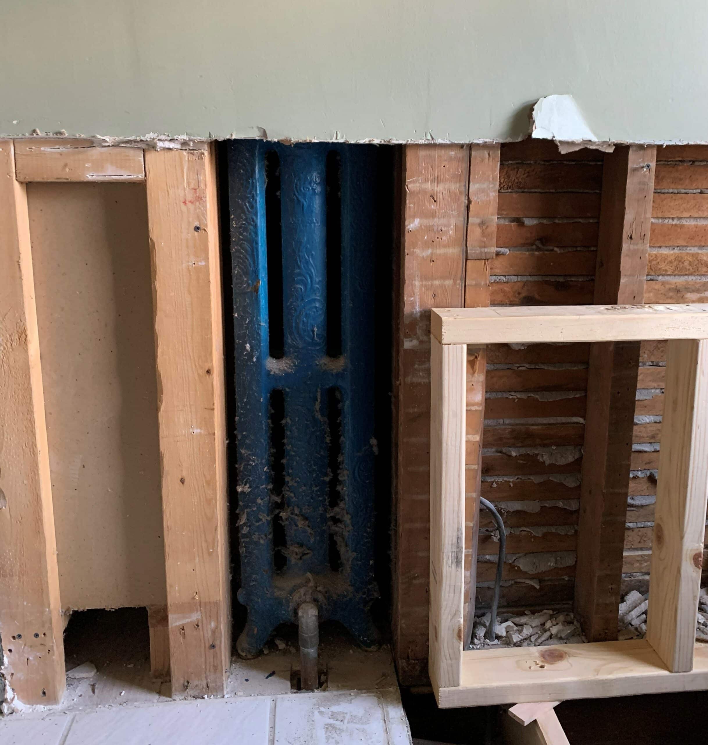 Blue radiator found in wall during bathroom renovation
