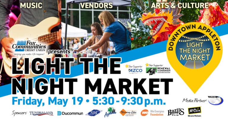 Light The Night Market, Friday, May 19, 5:30-9:30 pm is prominantly displayed under pictures of a guitarist labeled music; women at a craft table labeled vendors;, and an orange and gold dragon labeled arts and culture. Event sponsor names with the logos line the bottom of the graphic.
