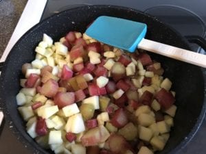 Diced apples and rhubarb in large cooking pot.