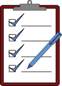 Clipboard checklist with blue pen and blue check marks